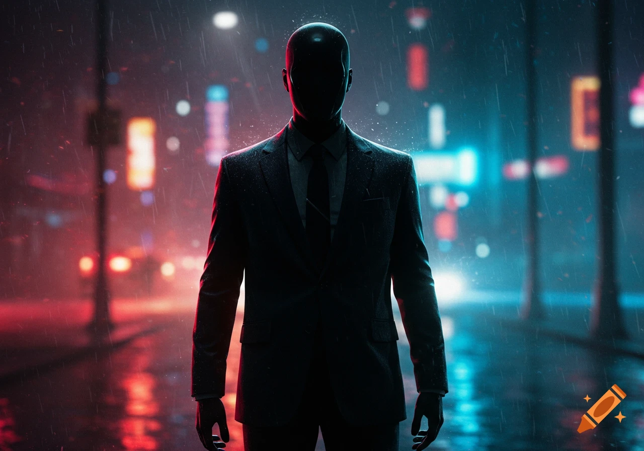 A shadowy figure in a suit stands in a rainy, neon-lit cyberpunk city street.