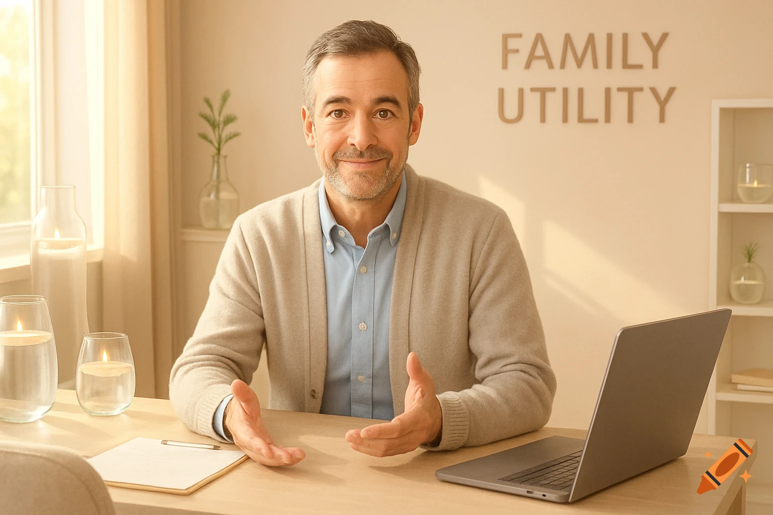 A smiling middle-aged man with graying hair sits at a desk, gesturing with open hands, with "FAMILY UTILITY" on the wall behind him. A laptop and candles are on the desk.