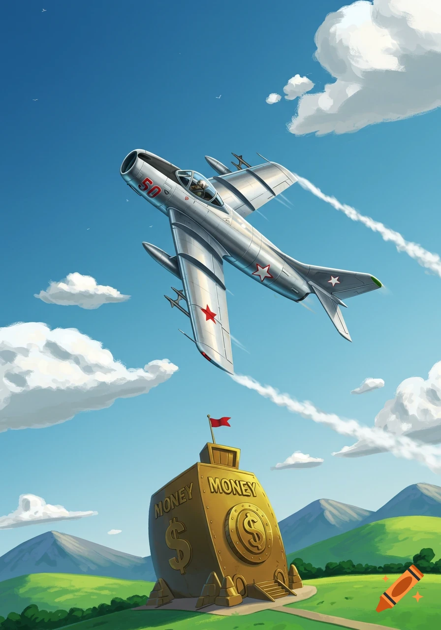 A cartoon silver fighter jet with red stars flies over a golden money bin building in a green, hilly landscape under a blue sky.