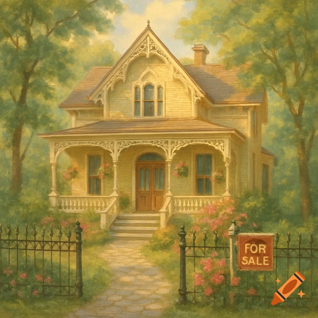 Vintage-style painting of a yellow Victorian house with a porch, surrounded by lush trees, featuring a 'FOR SALE' sign.