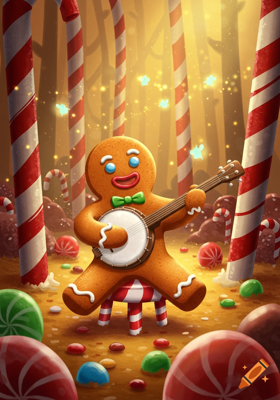 Stylized illustration of a happy gingerbread man playing a banjo in an enchanted candy forest.