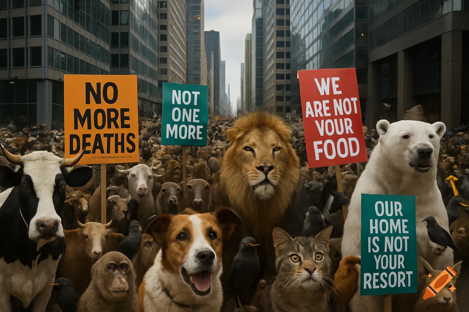 Photorealistic image of a diverse group of animals, including a cow, dog, cat, lion, polar bear, and monkey, protesting in a city street with signs like 'NO MORE DEATHS' and 'WE ARE NOT YOUR FOOD'.