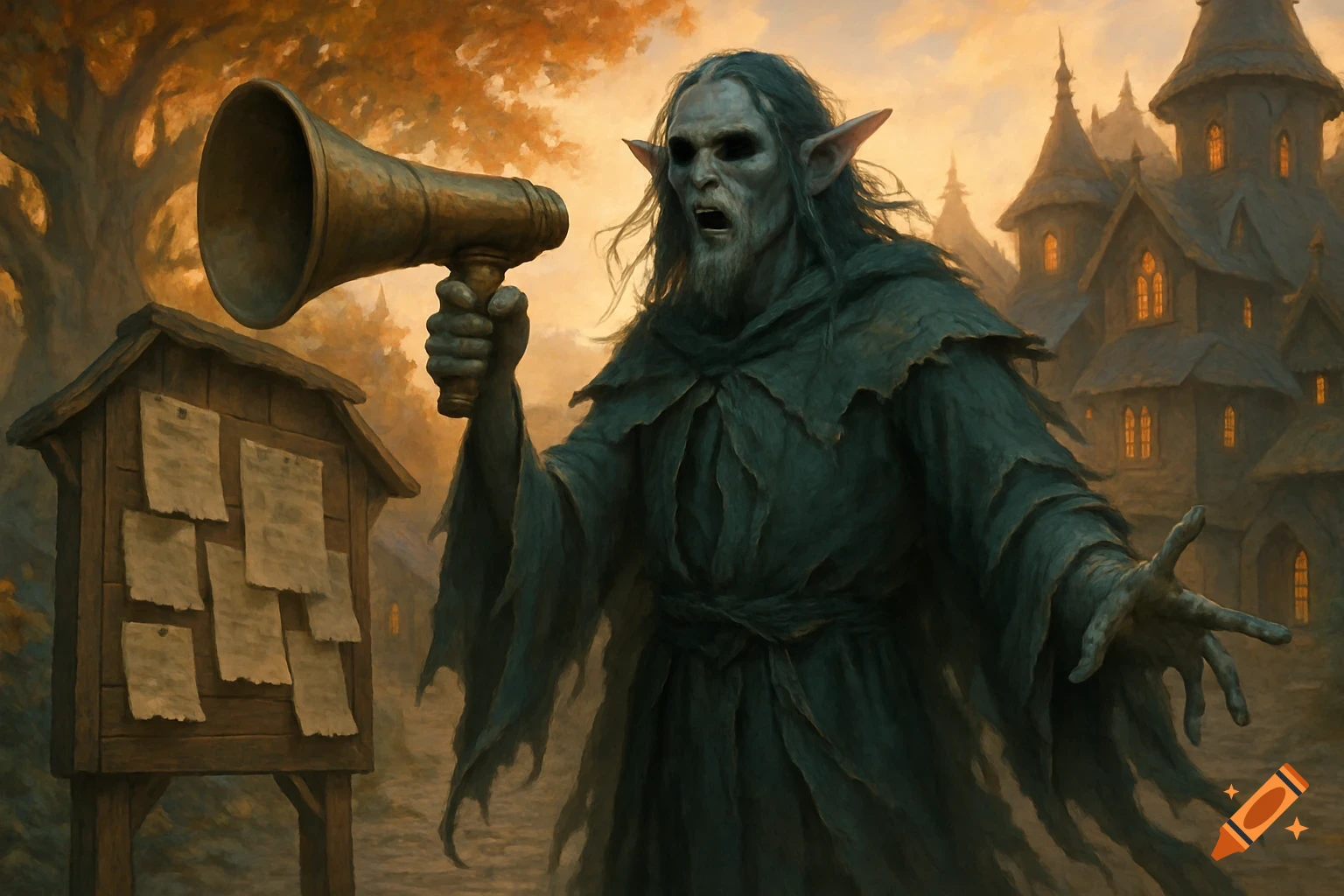 A gaunt, pale-skinned revenant elf in dark robes holds a megaphone, standing before a wanted board in a fantasy village.