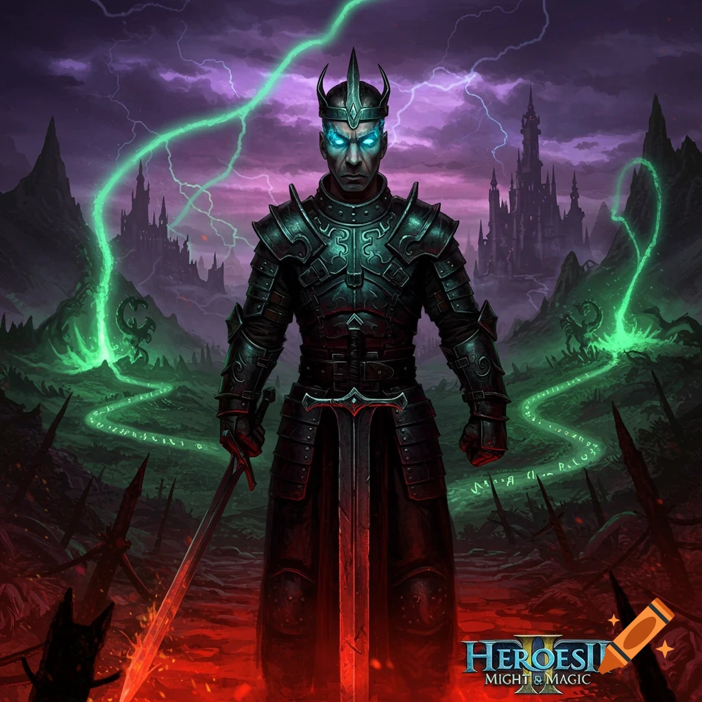 A warrior in dark spiked armor with glowing blue eyes stands in a desolate landscape with a castle, green lightning, and red ground. He holds a sword.