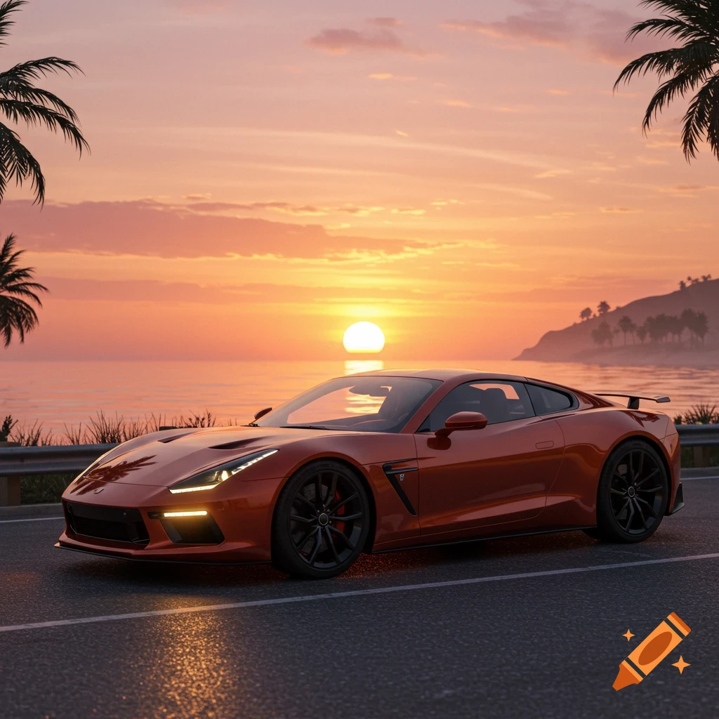 Photorealistic orange sports car on a coastal road at sunset, with palm trees and ocean.