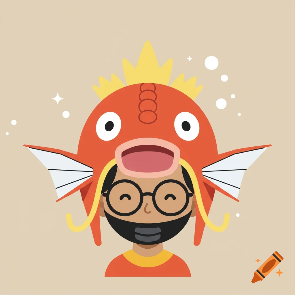 A flat illustration of a person wearing a red Magikarp hat, round glasses, and a black mouth mask.