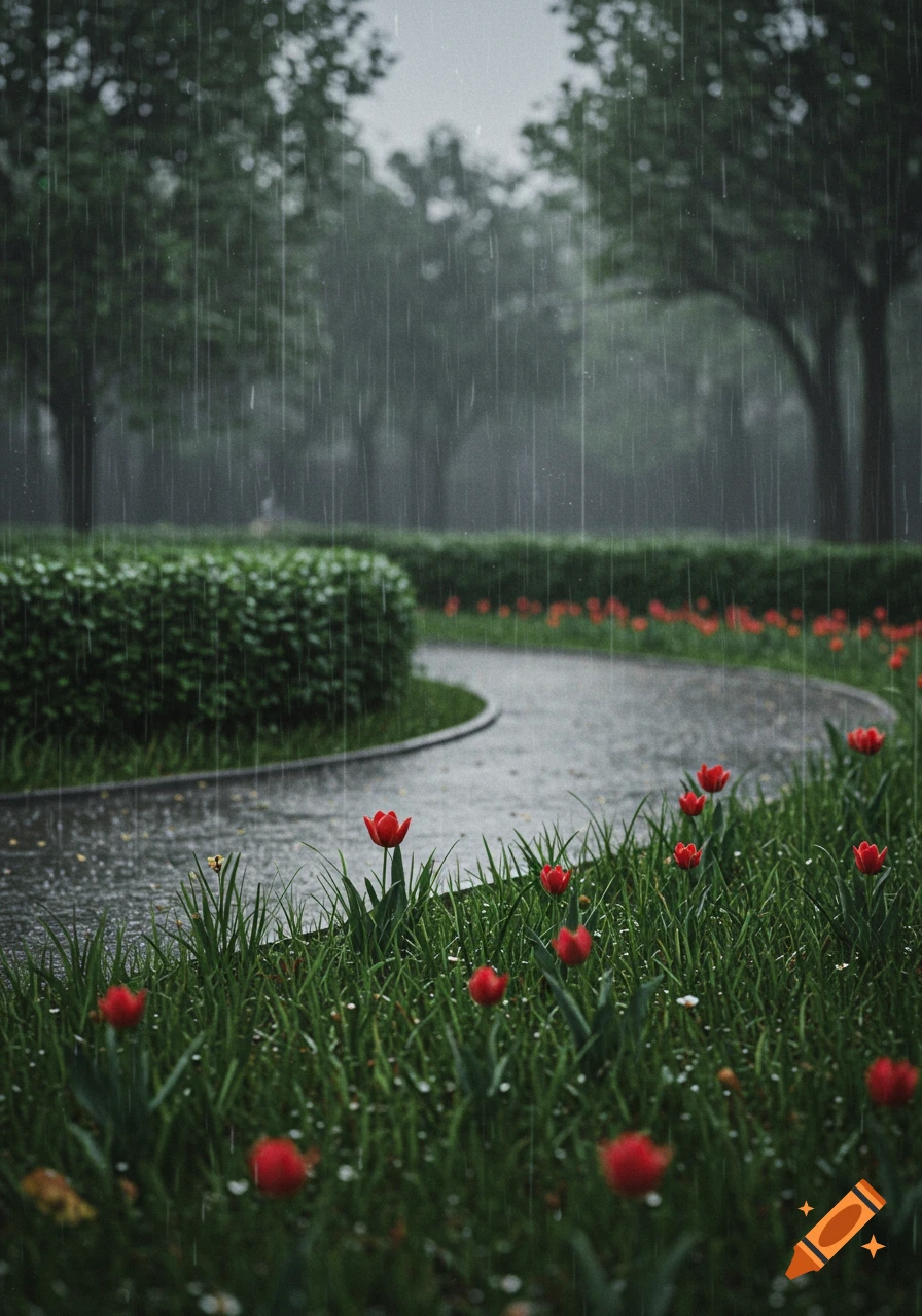 A curving wet path through a park, lined with green hedges and grass, with red tulips blooming in the rain.