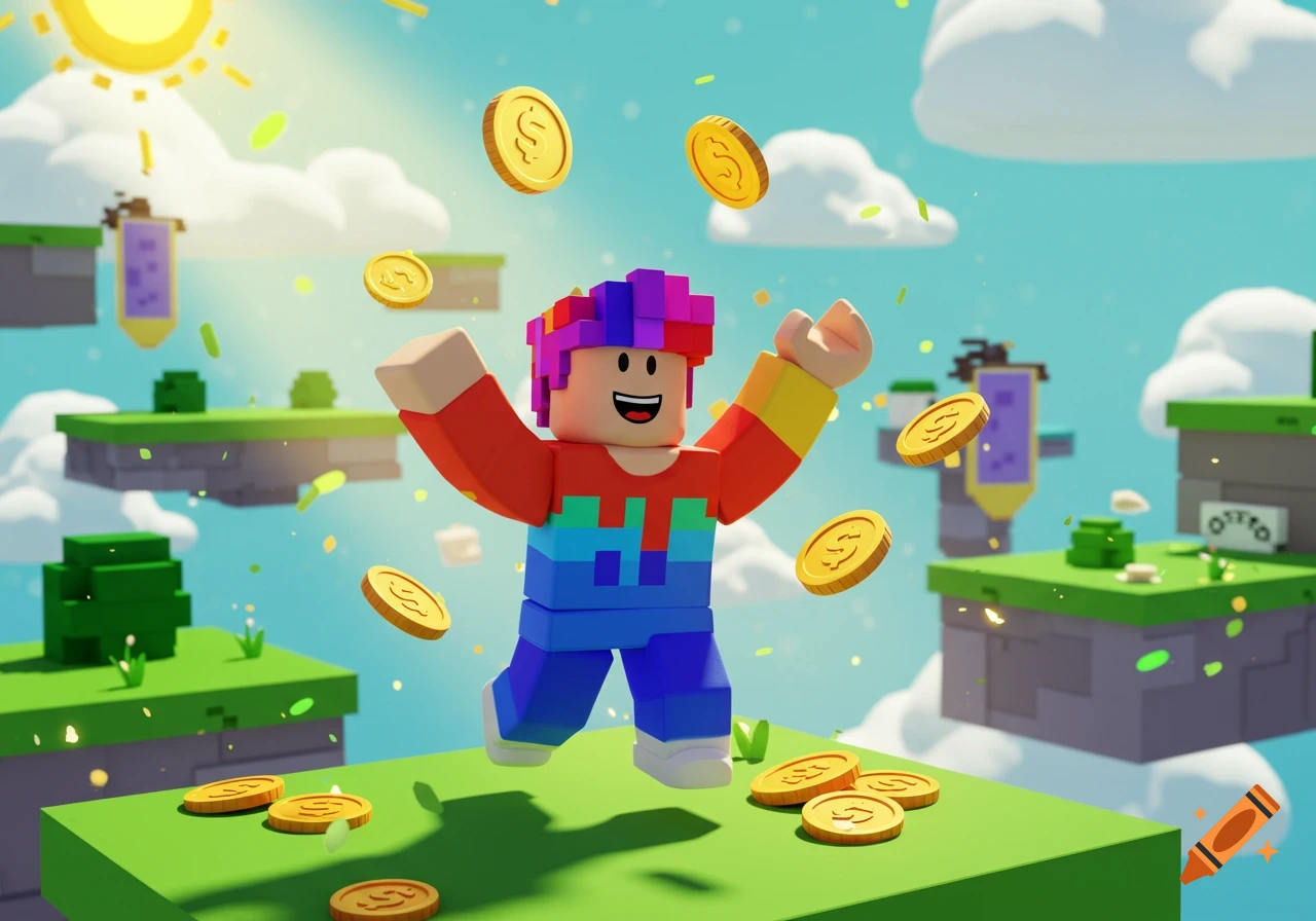 A colorful, blocky Roblox-style character joyfully collects golden coins in a vibrant floating island game world under a sunny sky.