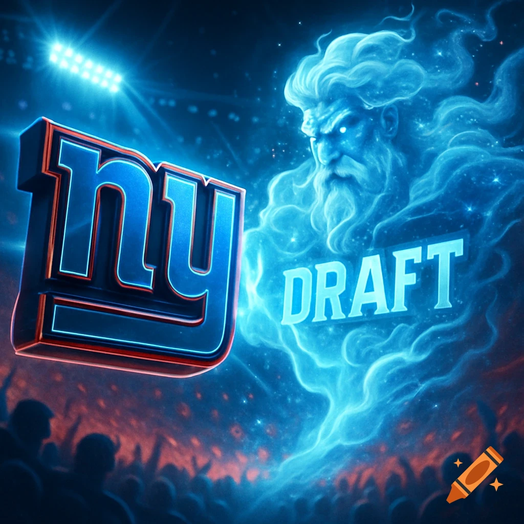 Dramatic digital art of a glowing mythical figure with 'DRAFT' next to a large 'NY Giants' logo in a stadium with a cheering crowd.