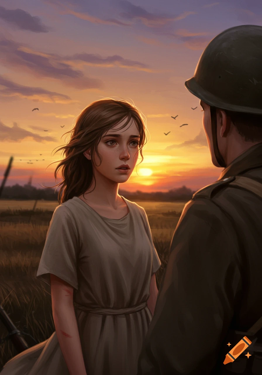 A somber young woman faces a soldier in a field at sunset, a dramatic digital painting.
