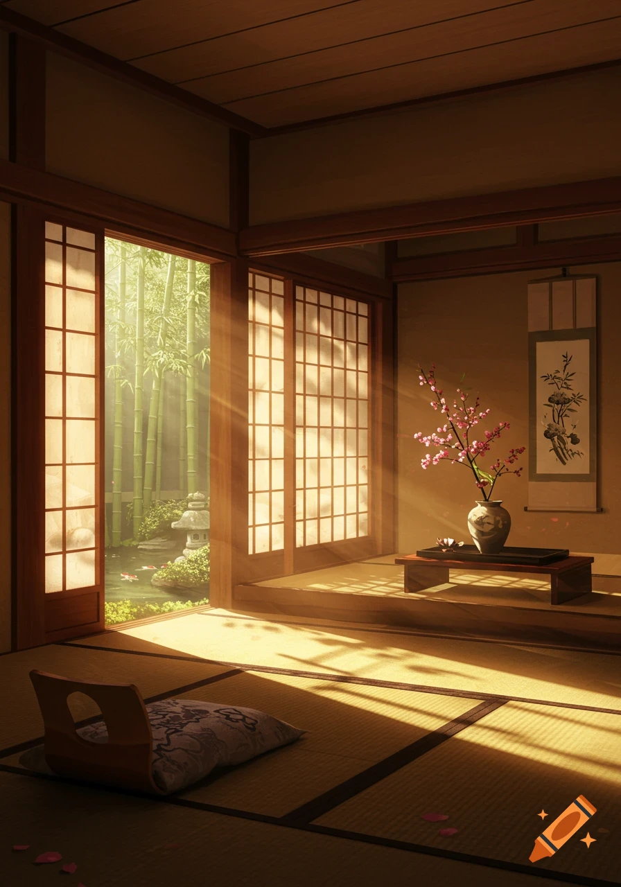 A serene Japanese room with tatami mats, shoji screens, and sunlight streaming in from a bamboo garden with a koi pond and stone lantern.