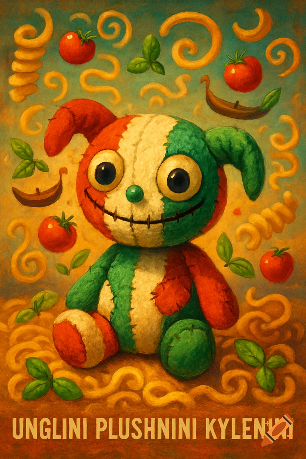 A cartoonish, stitched plush toy in red, white, and green, surrounded by pasta, tomatoes, and basil, with text 'UNGLINI PLUSHNINI KYLENINI' at the bottom.