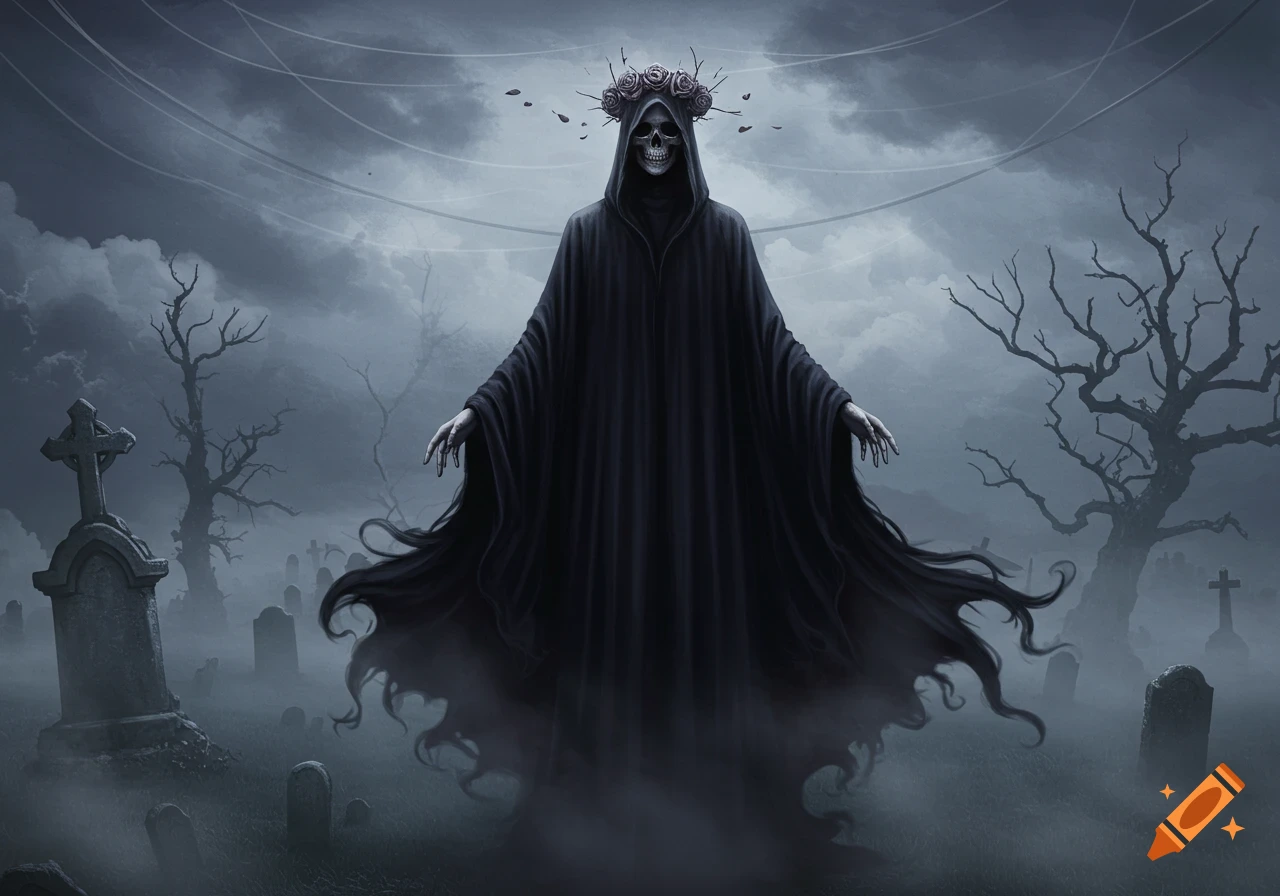 Ominous Grim Reaper with a skull face and rose crown stands in a misty graveyard under a cloudy sky, dark fantasy art.
