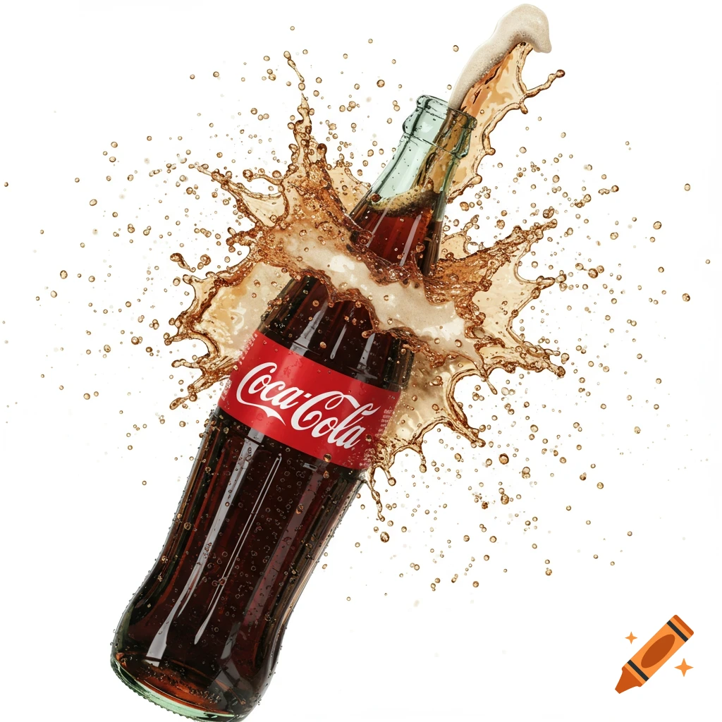 A photorealistic image of a Coca-Cola bottle erupting with fizzy soda and foam, surrounded by splashing liquid against a white background.