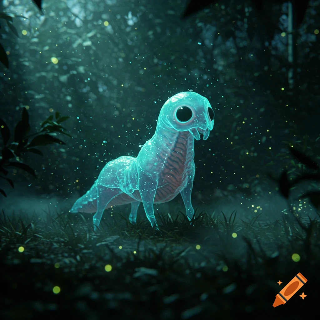 A glowing, translucent bioluminescent creature with large dark eyes in a dark, atmospheric forest with glowing particles.