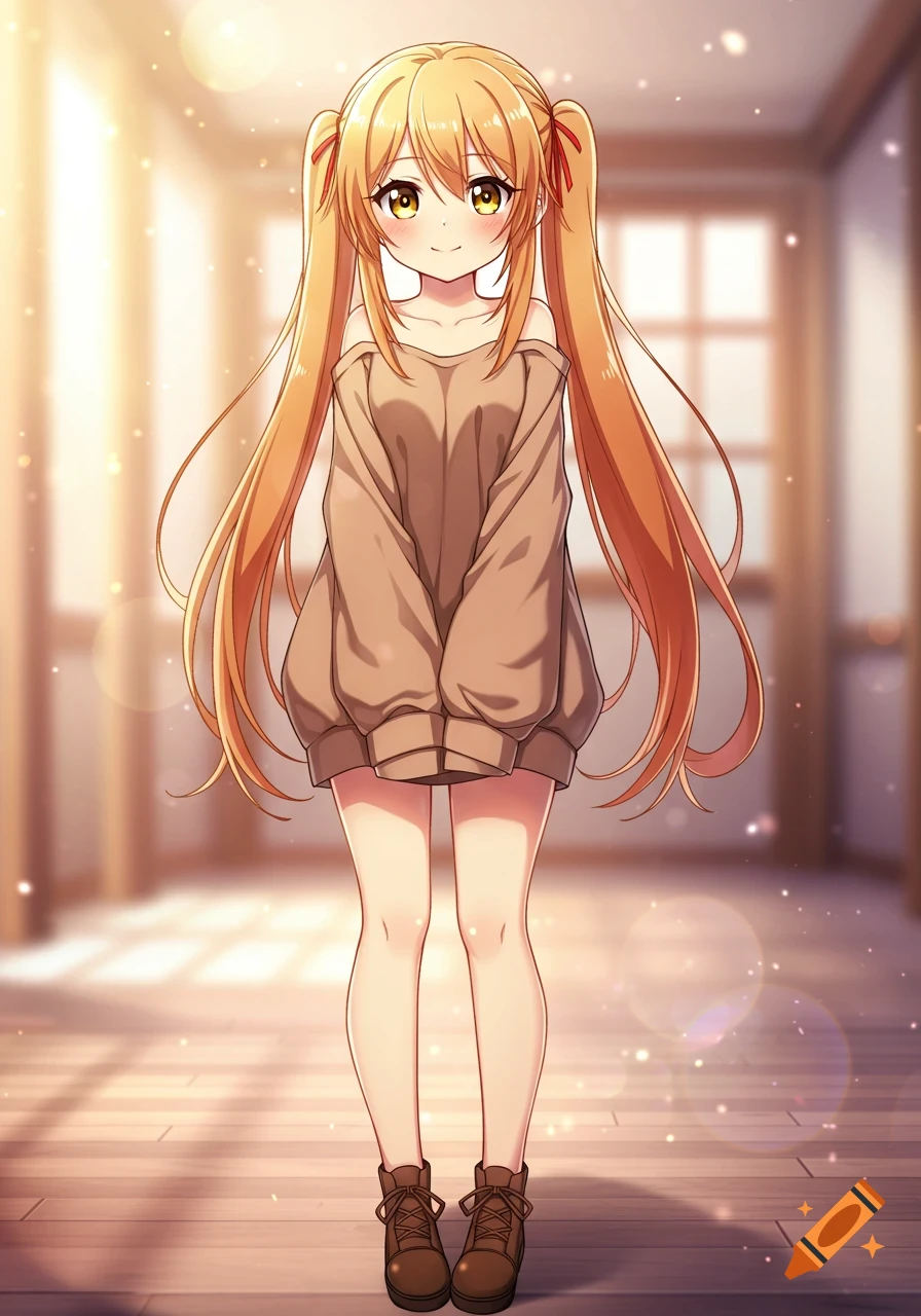 An anime girl with long orange pigtails, brown eyes, and a baggy brown off-shoulder sweater stands in a sunlit room.