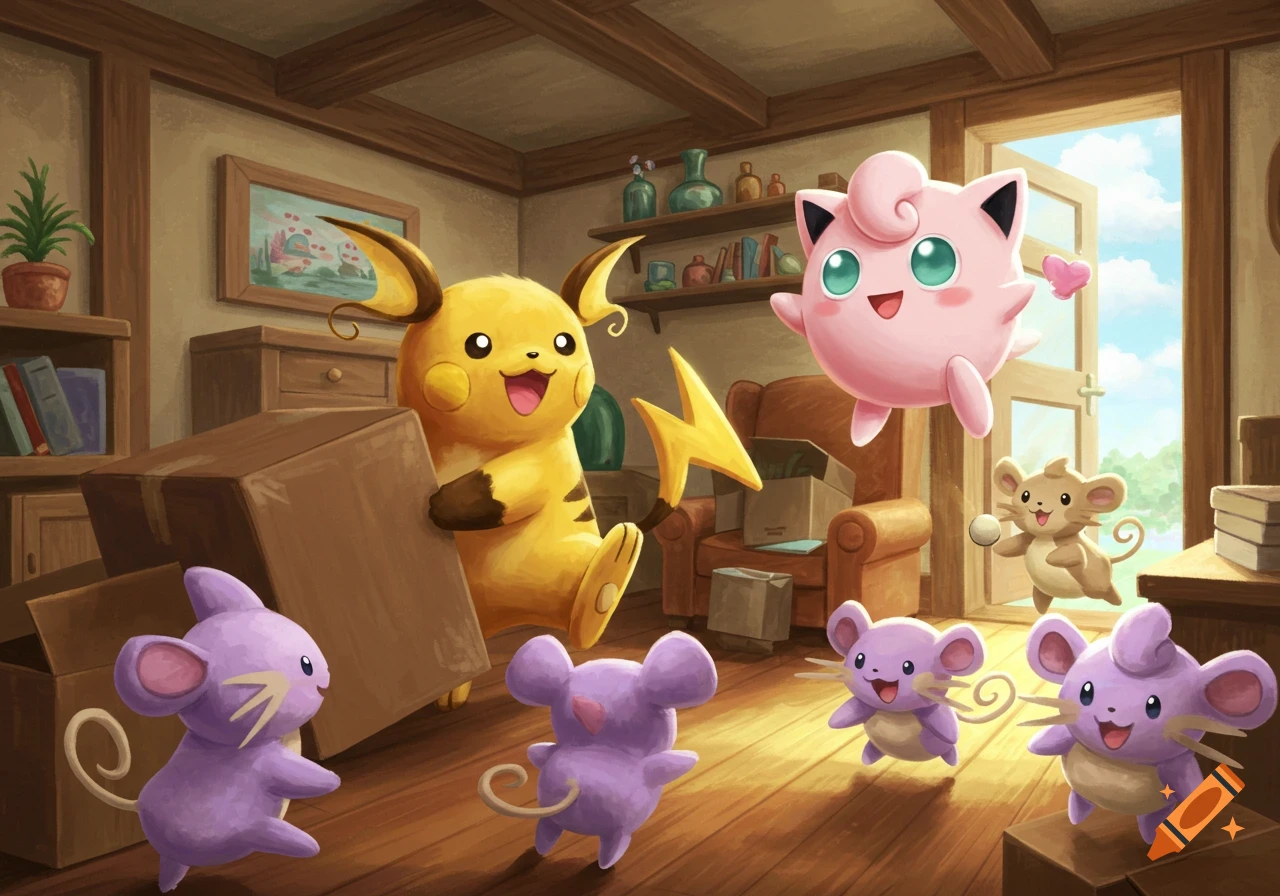 Raichu, Jigglypuff, and several purple mouse-like creatures move into a house with boxes, in a cheerful digital art style.