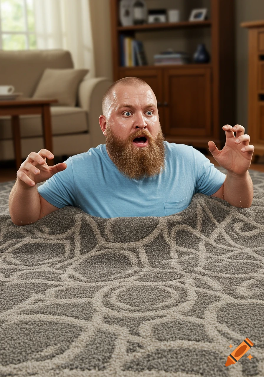 A surprised, bearded man emerges from a gray carpet that looks like quicksand in a photorealistic living room.