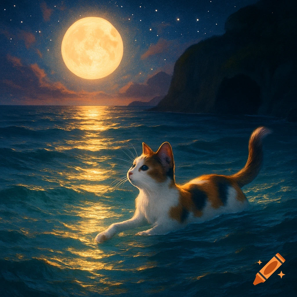 A calico cat swims in a moonlit ocean under a starry night sky with a large full moon reflecting on the water.