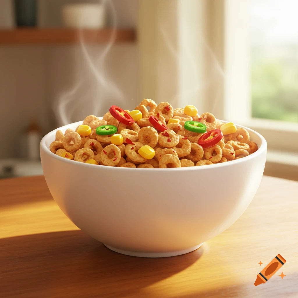 A steaming white bowl of cereal loops mixed with corn and red and green chili pepper slices, sitting on a wooden table in a bright room.
