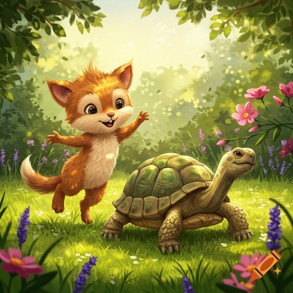 A joyful cartoon fox-like creature runs alongside a smiling turtle in a sunny, flower-filled forest.