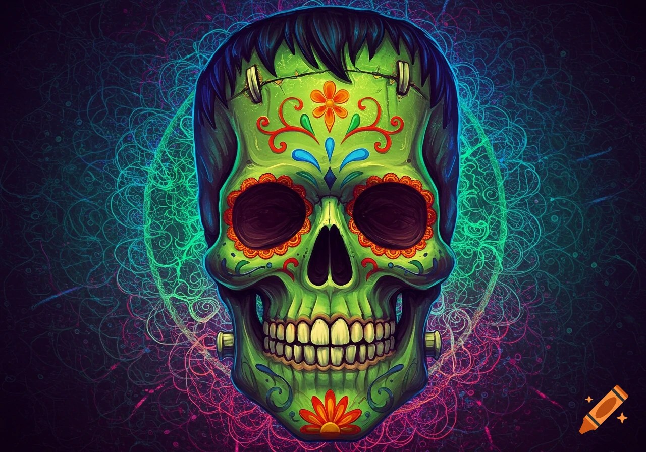 Vibrant green Frankenstein-inspired sugar skull with orange and blue floral designs and stitches on a neon swirling background.