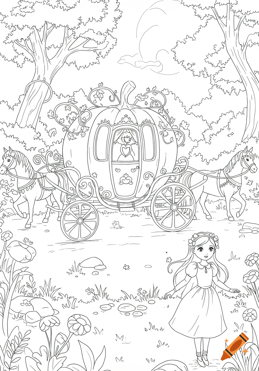 Black and white line art of a princess in a forest with a pumpkin carriage pulled by horses, coloring book style.