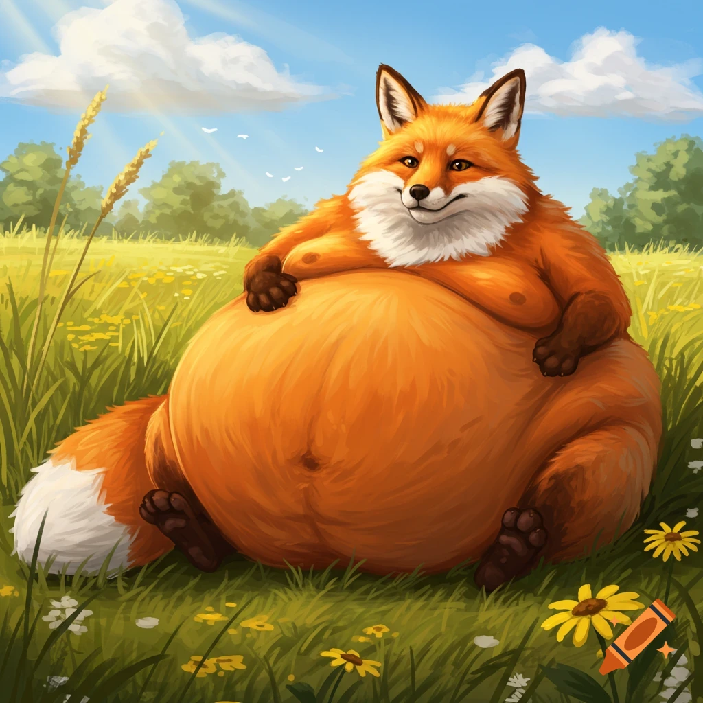 A cheerfully smiling, morbidly obese orange fox sits in a sunny green field with yellow flowers under a blue sky.