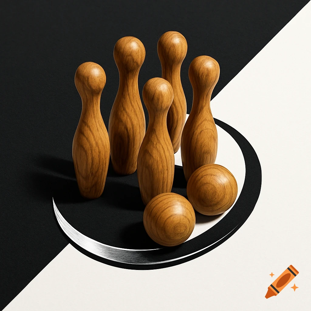 Minimalist logo with wooden skittle pins and bowling balls on a black and white diagonal background with a silver curve.