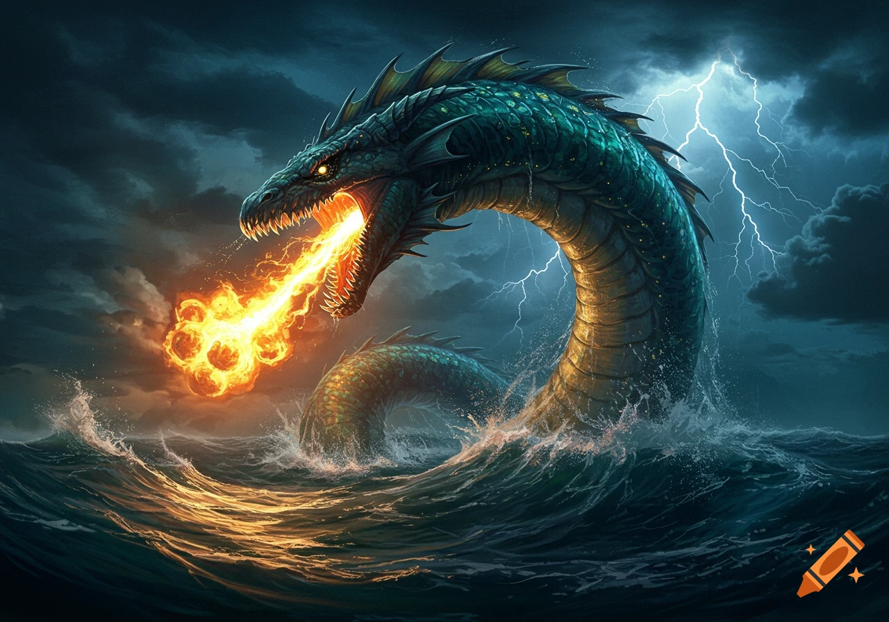 A powerful, green-scaled Leviathan rises from stormy seas, breathing a stream of fire as lightning flashes in the dark sky, fantasy art.