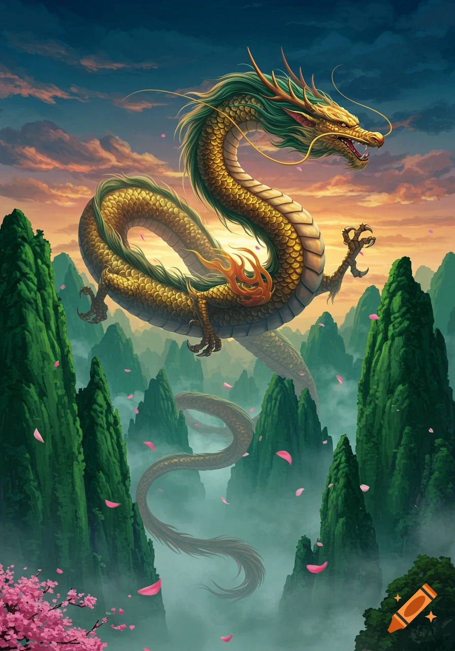 A majestic golden Chinese dragon with green mane flies above misty green mountains and pink cherry blossoms at sunset. Illustrated.