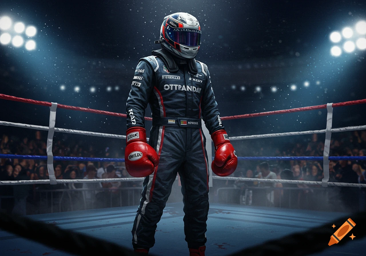A race car driver in a helmet and racing suit wears red boxing gloves while standing in a lit boxing ring.