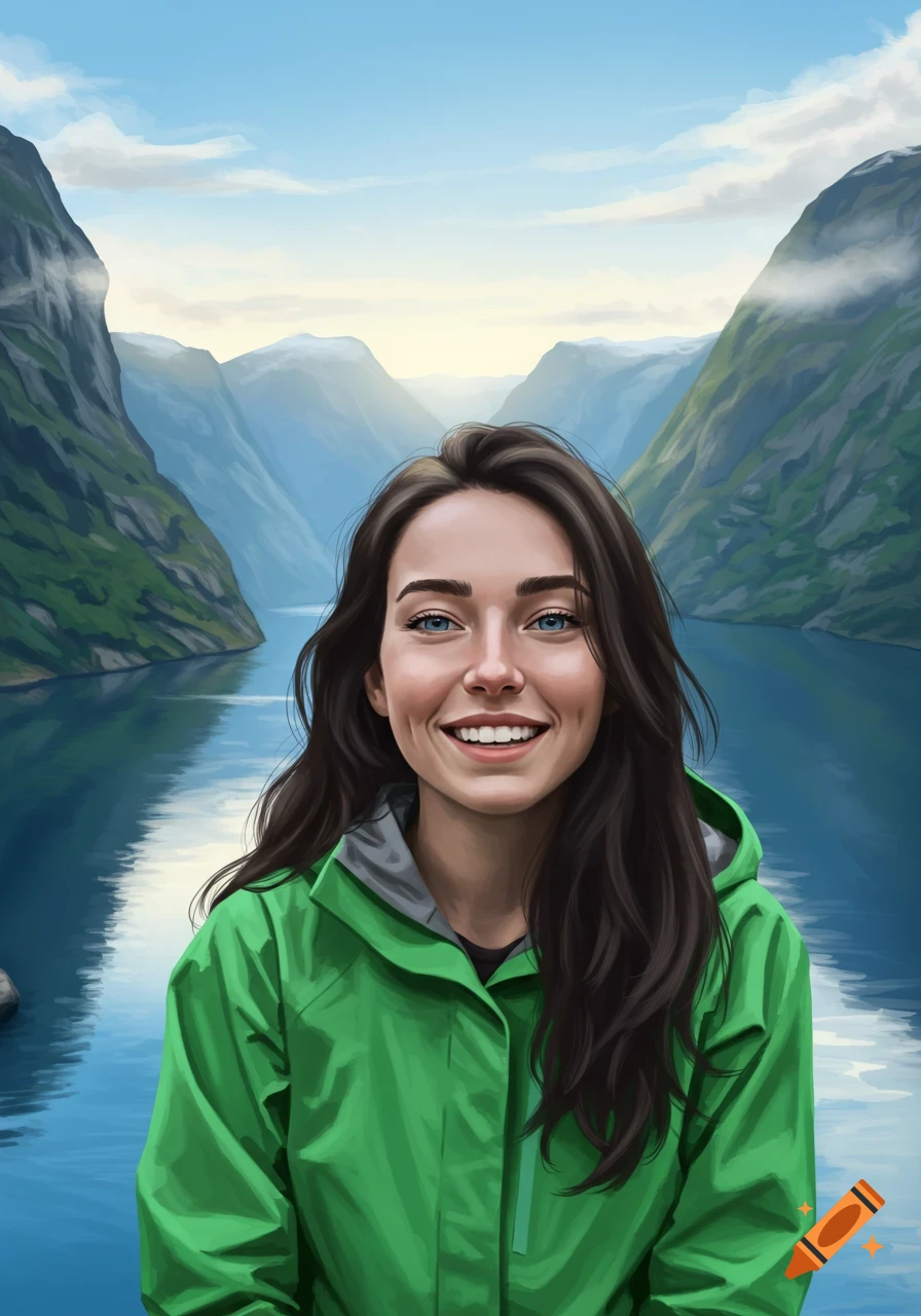 A smiling woman in a green jacket stands before a digital painting of a Norwegian fjord with mountains and water.