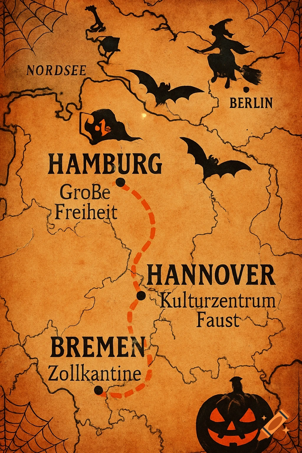 Vintage Halloween map of northern Germany, showing cities Hamburg, Hannover, Bremen, and Berlin with a travel route.