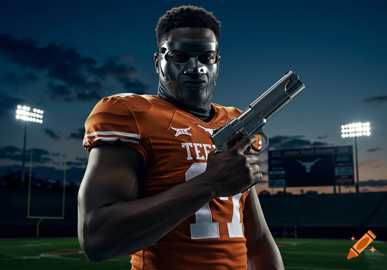 A masked college football player in an orange jersey holds a gun on a stadium field at dusk, photorealistic.