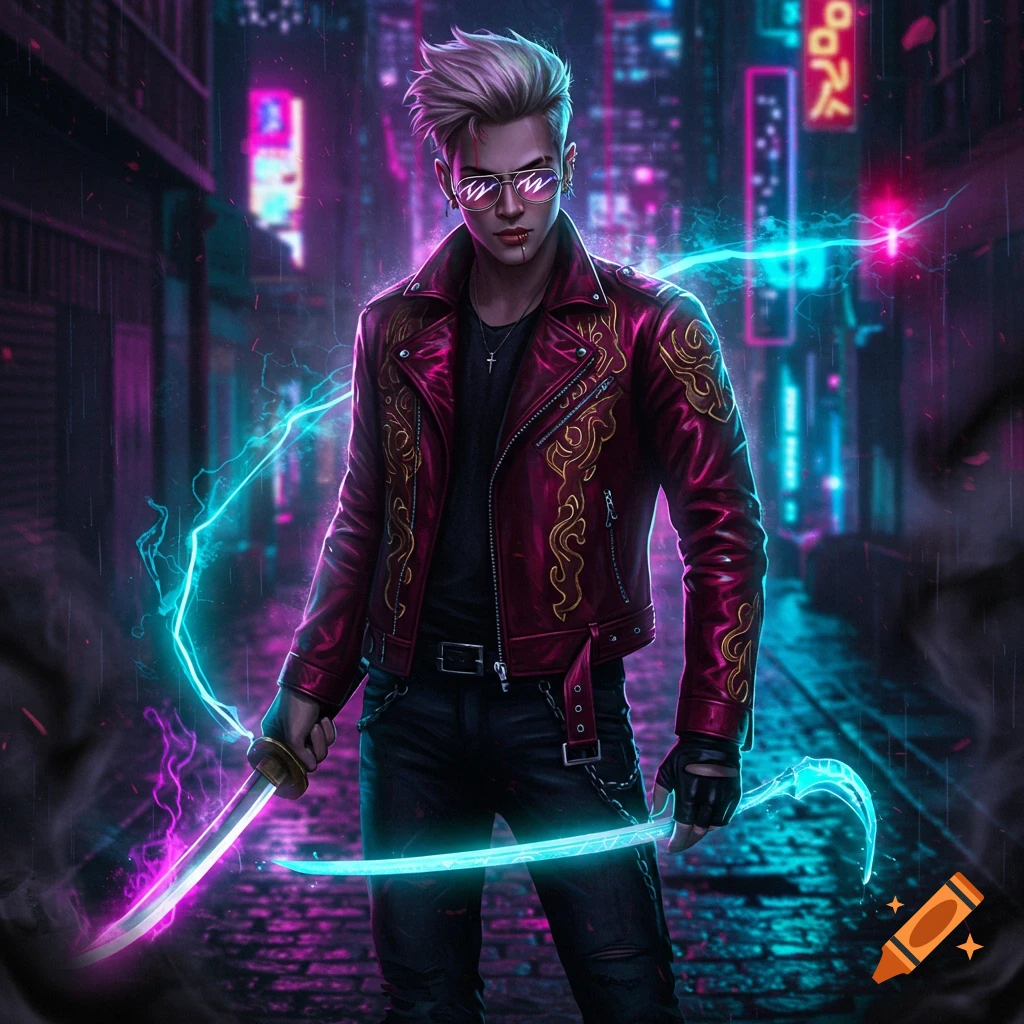 A stylish man with blonde hair and sunglasses in a red leather jacket holds glowing swords on a neon-lit cyberpunk city street.