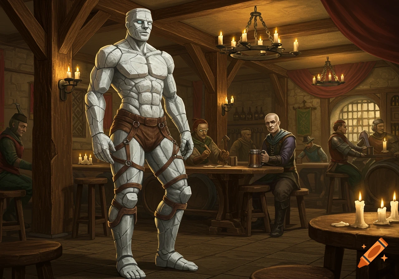 A muscular white stone golem wearing leather pants stands prominently in a dimly lit medieval tavern with patrons and candlelight.