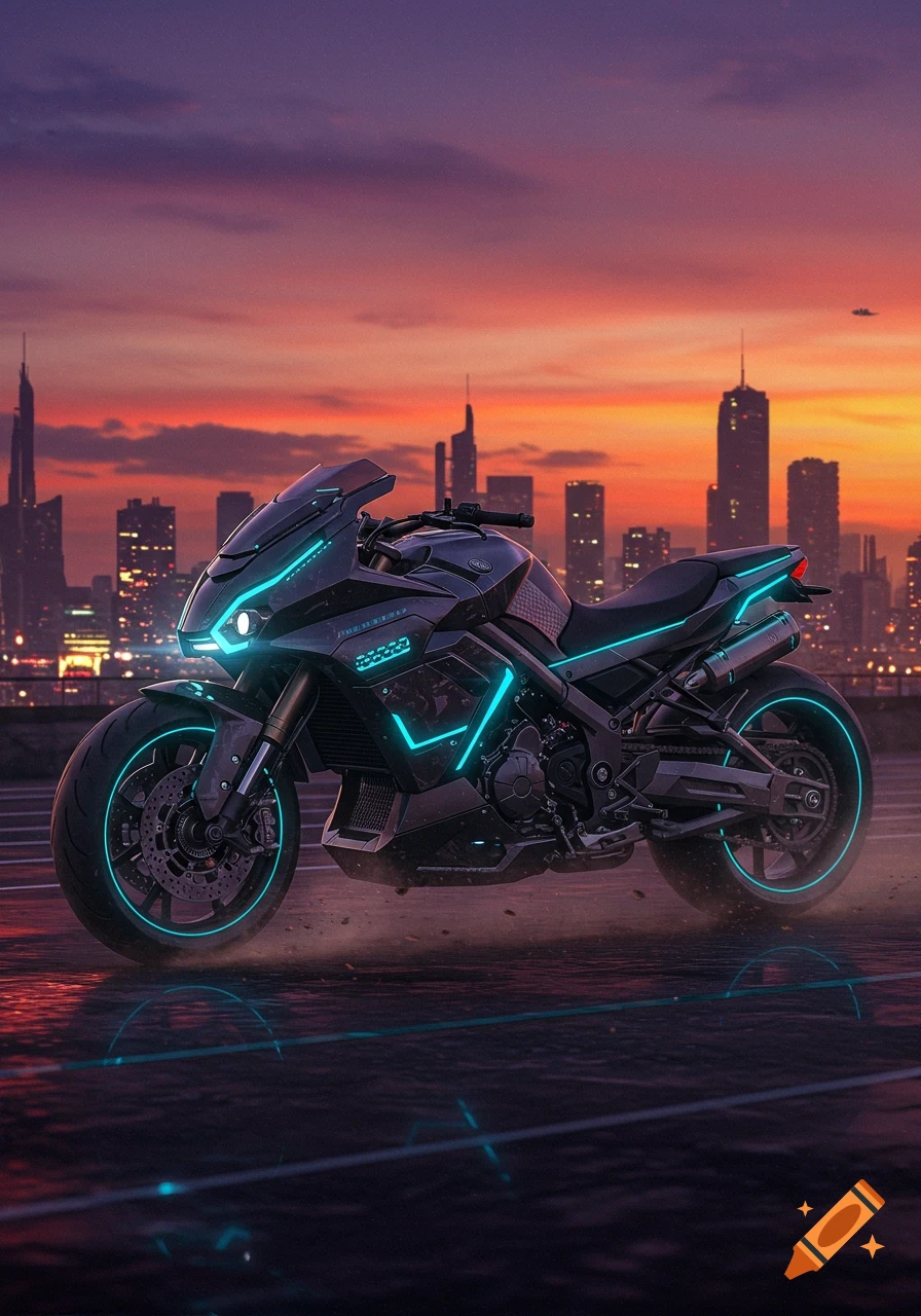 A futuristic dark grey motorbike with glowing blue neon lights on its frame and wheels, set against a cyberpunk city skyline at sunset. It appears to be slightly airborne over a wet, reflective surface.