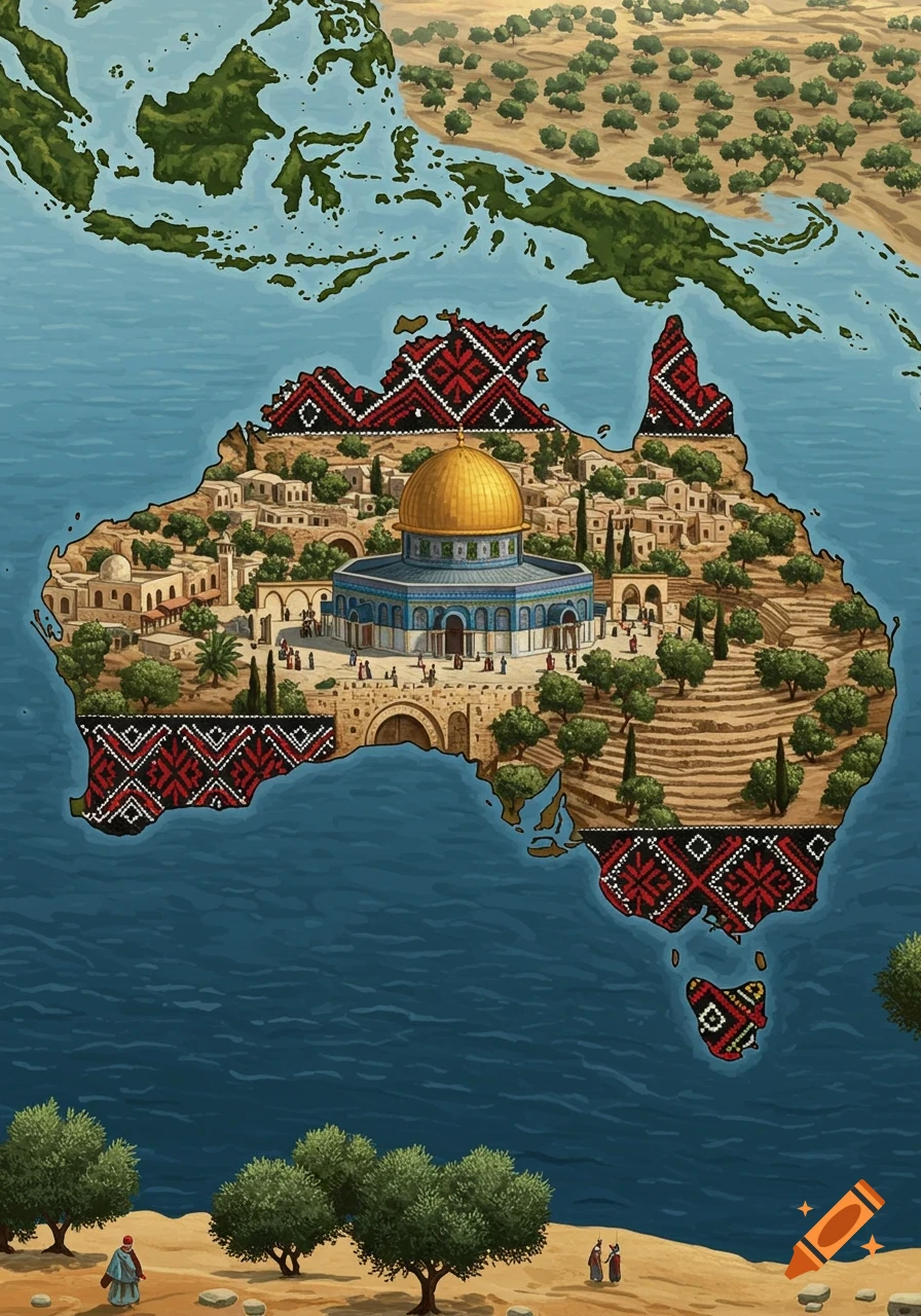 Illustrated map of Australia filled with a Middle Eastern city, Dome of the Rock, and traditional red and black patterns, surrounded by blue sea.