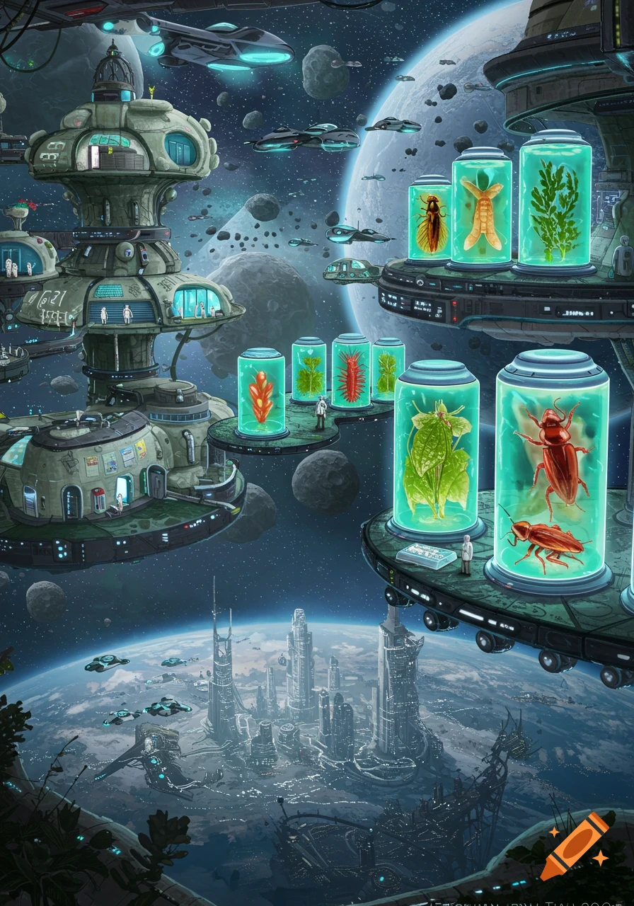 Vibrant sci-fi illustration of a futuristic space station above a city-planet, with scientists studying insects and plants in glowing lab jars.