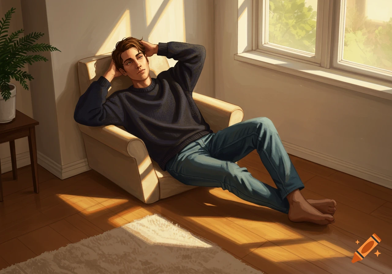 Illustrated young man in a dark sweater and jeans relaxing in a sunlit armchair indoors.