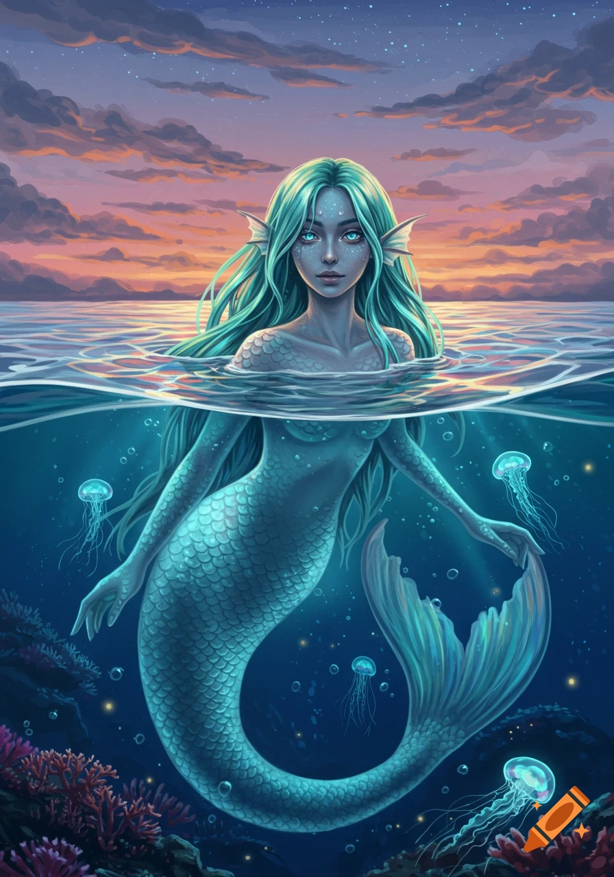A teal-haired mermaid emerges from the ocean at sunset, surrounded by colorful coral and jellyfish in a vibrant fantasy illustration.