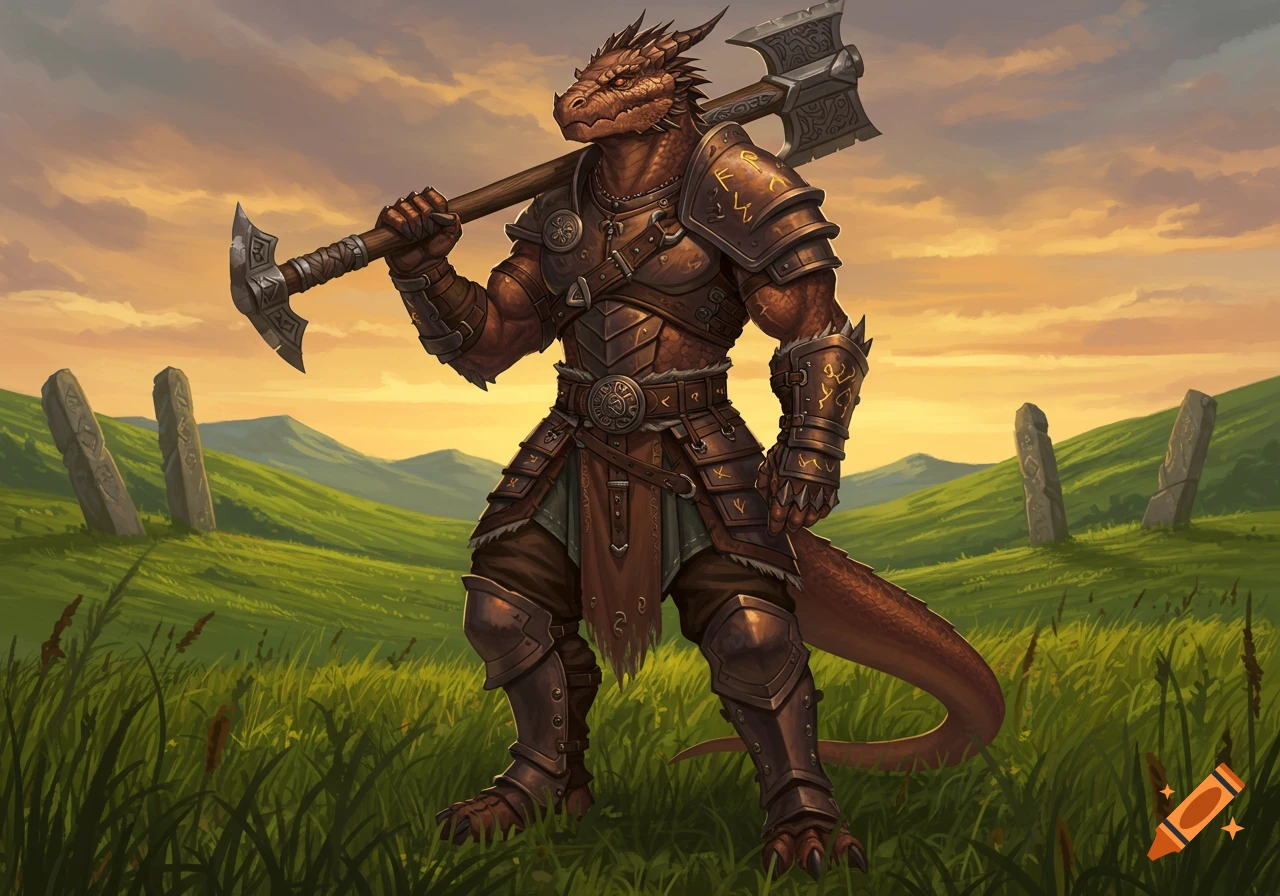 A bronze-scaled dragonborn barbarian in armor holds a warhammer over his shoulder, standing in a grassy field with ancient standing stones at sunset. Digital painting.