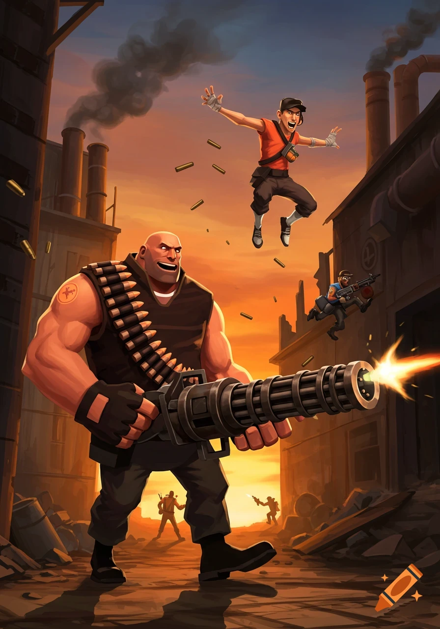 Team Fortress 2 characters in an action scene: Heavy fires a minigun, Scout leaps, others engage in an industrial sunset setting.