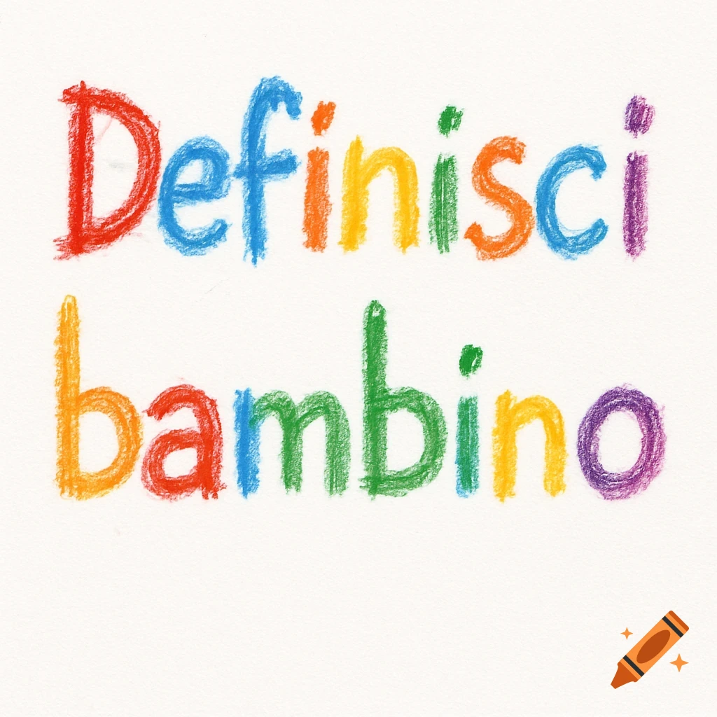 Text 'Definisci bambino' drawn with colorful crayons in a childlike, smudged style on a white background.
