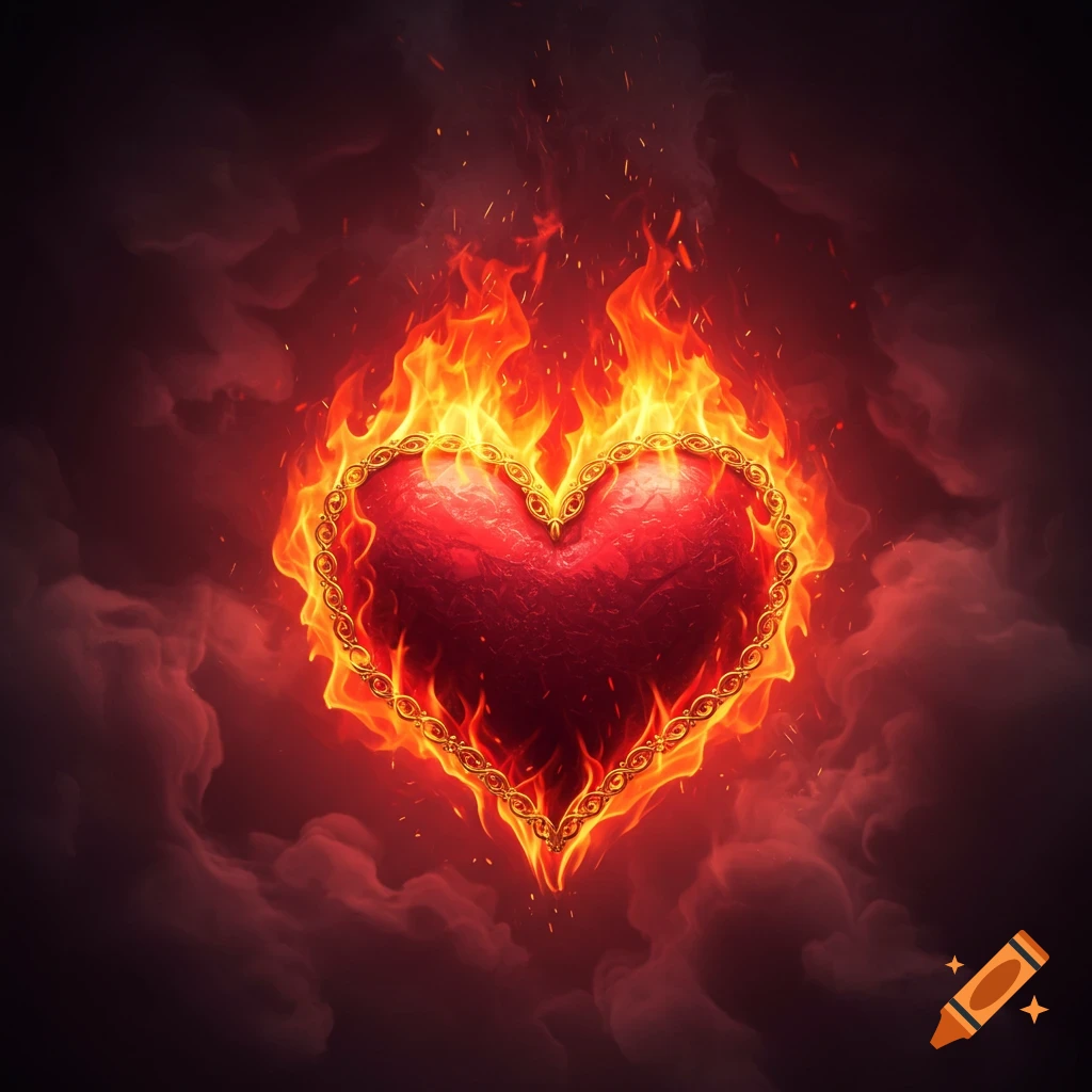 A Broken Heart in on Fire With Embers and Flame Surrounding the Heart,  Digital Art created on Craiyon, image size:1024x1024