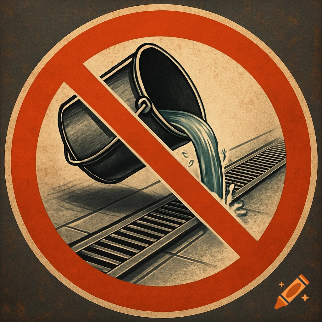 Vintage style prohibition sign showing a bucket pouring water into a drain, enclosed by a red circle with a diagonal line.