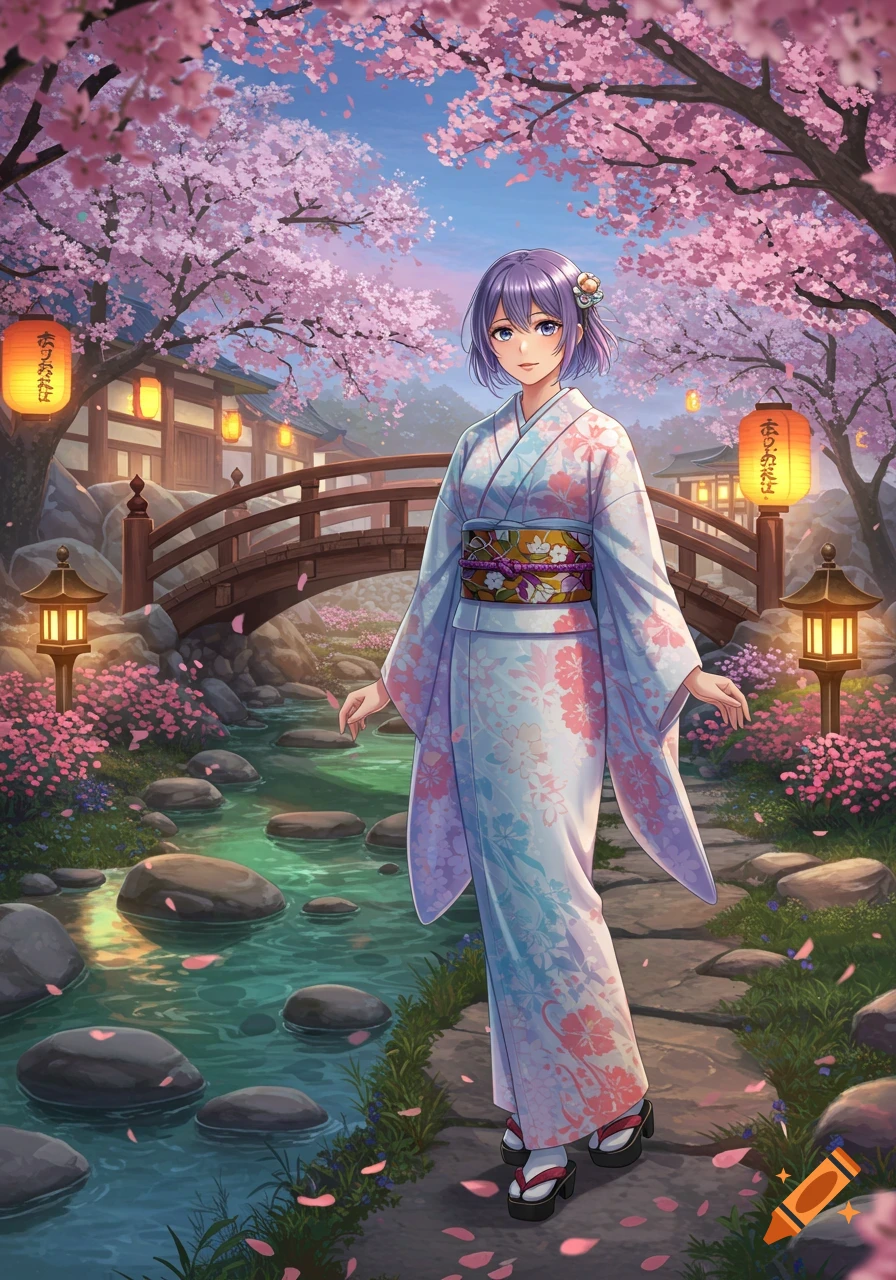An anime girl in a light-colored kimono stands in a Japanese garden with cherry blossoms, a stream, and lanterns.