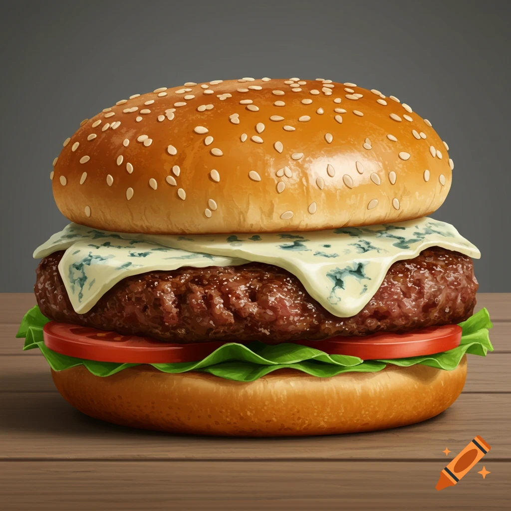 A close-up, photorealistic image of a gourmet hamburger with blue cheese, lettuce, and tomato on a wooden table.