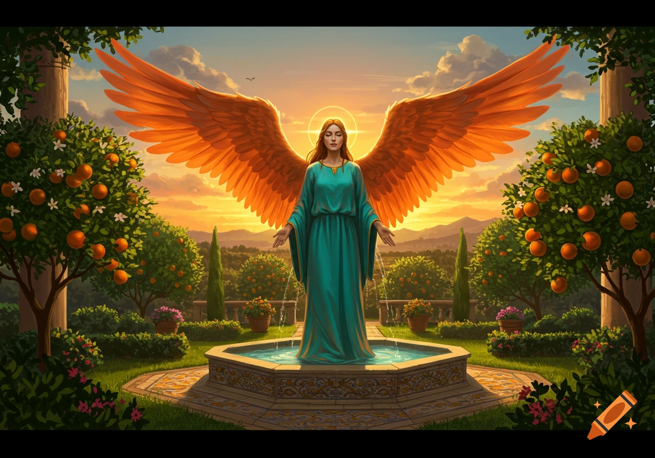 Angel-like figure with large orange wings and a teal gown stands in a fountain in a lush garden with orange trees at sunset.